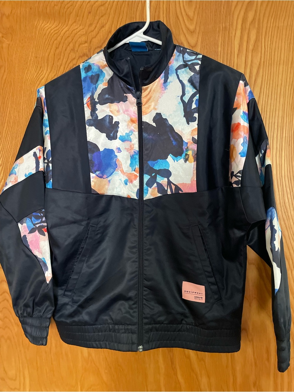 Adidas equipment blue floral satin bomber jacket